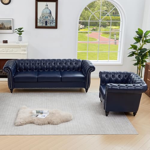 Image of QHITTY 2 Piece Living Room Set, Chesterfield Sectional Sofa Chair Contemporary Upholstered Leather Loveseat Couch Sets for Living Room, Bedroom, Office (Blue)