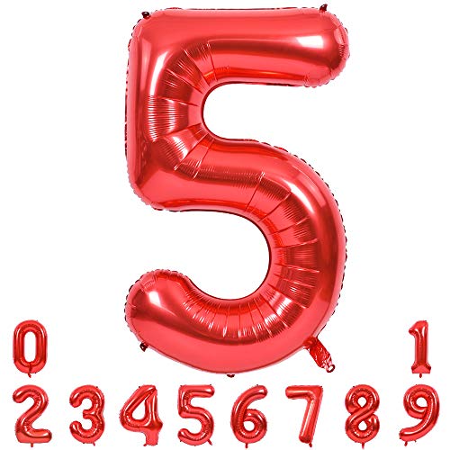 Image of TONIFUL 40 Inch Red Number 5 Balloons Large Foil 5th Birthday Decorations | Red 5 Balloon Number Five for 5th 15th 25th 50th Birthday 5 Year Anniversary, Red Birthday Decor for Men Women Boys Girls