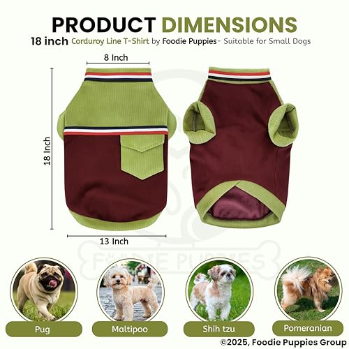 Image of Foodie Puppies Corduroy Line Velvet Pocket T-Shirt Warm Sweater Jacket - (18 inch, Olive & Maroon) for Small Breeds Dogs | Soft, Lightweight Pet Apparel | Stylish, Comfortable, Durable, Stretchable