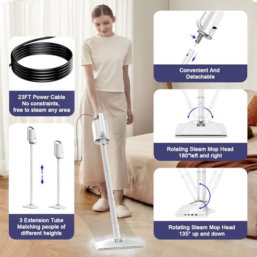 Image of 6-in-1 Steam Mop, 1200W Rotated Steam Cleaner for Home, 2 Modes, 400ML Removable Tank, 23FT Power Cord, 2 Pads, Multi-Surface Steamer for Hard Floor, Laminate Floor, Tiles Cleaning (White Silk)