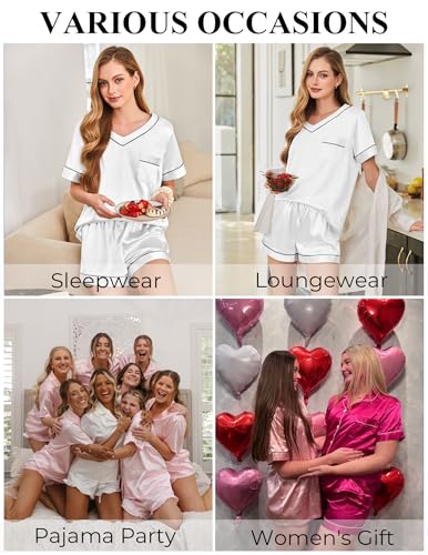 Image of Silk Pajamas for Women Short Sleeve Satin 2 Piece Pj Set Soft V Neck Sleepwear Loungewear, S-XXL