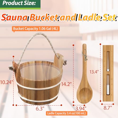 Sauna Bucket and Ladle Set, Handmade from Canadian Red Cedar Wood, Thermo-Hygrometer, Hourglass, Aromatherapy Bowl Sauna Oil Cup, Body Brush, Natural Volcanic Pumice Stone, 1.06 Gal (4L) (Cedar)
