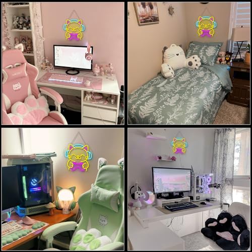 Image of Ineonlife Game Cat Neon Sign for Wall Decor Light Up Cute Animal Led Signs for game room Acrylic Art Decor for home bar bedroom cafe man cave Decorations 12.99x12.6 inch USB POWER