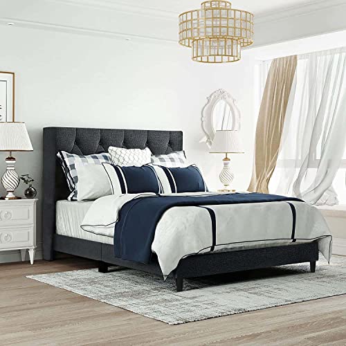 Full Size Bed Frame With Upholstered Linen Fabric Adjustable Headboard,Modern Button Tufted Platform Bed With Wooden Slat Support, Mattress Foundation, No Box Spring Needed, Easy Assembly, Grey #TOP2