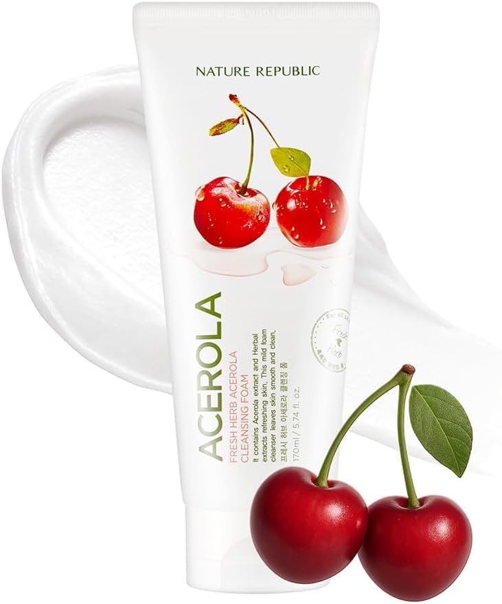 Nature Republic Fresh Herb Acerola cleansing foam Hydration & Moisturizing daily Makeup Remover, Nighttime Foaming Pore Cleansing aloe face wash,Korean Skin Care for All Skin Types 170ml / 5.74 fl Oz
