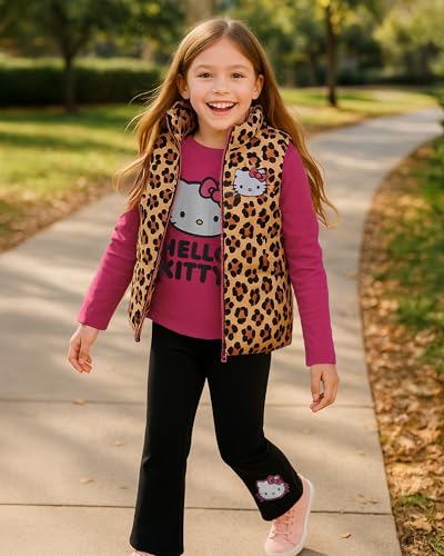 Image of Hello Kitty Girls Pants Set - 3 Piece Zip Up Vest, Long Sleeve Graphic Shirt, Fleece Pants - Matching Set for Girls (2T-12), Size 7, Leopard /Pink /Black