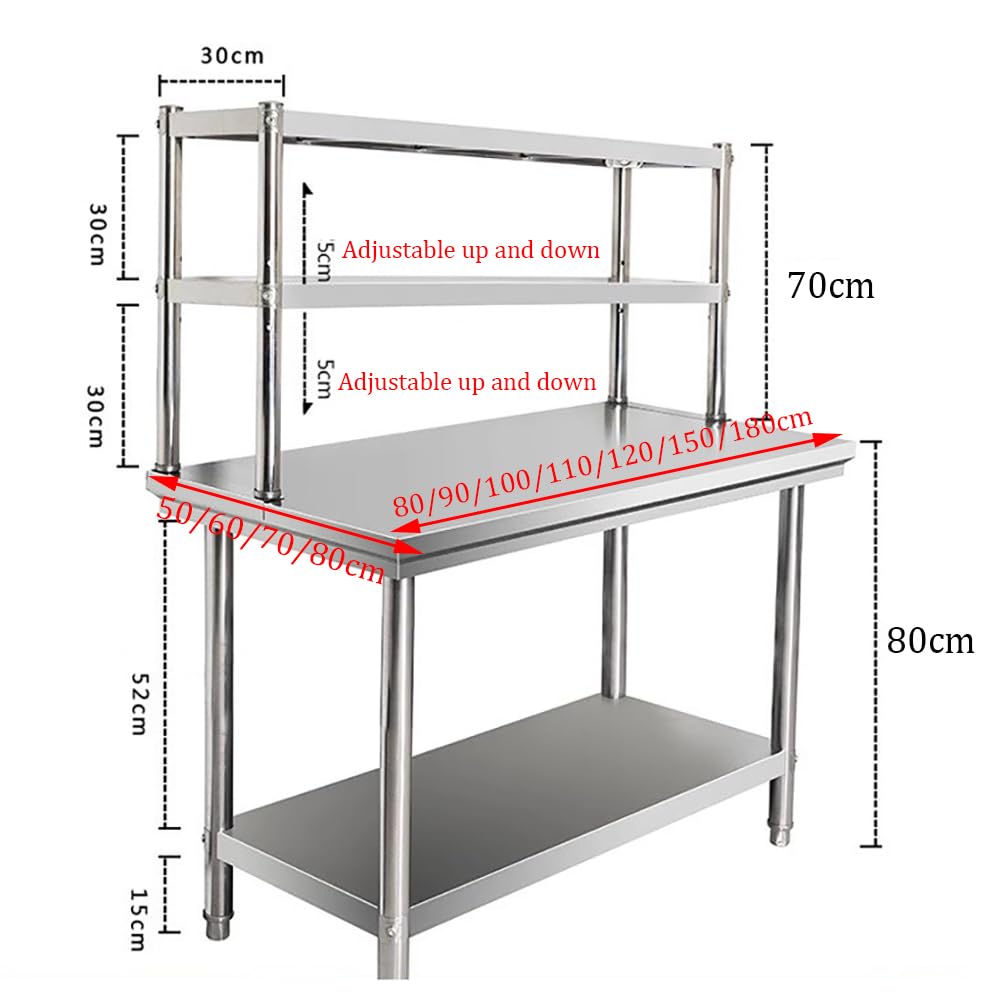 Piano di Lavoro per Cucina in Acciaio Inox A Doppio Strato, Tavolo Regolabile per La Preparazione del Cibo, Tavolo di Preparazione per Isola da Cucina in Metallo,L100×w70×h150cm