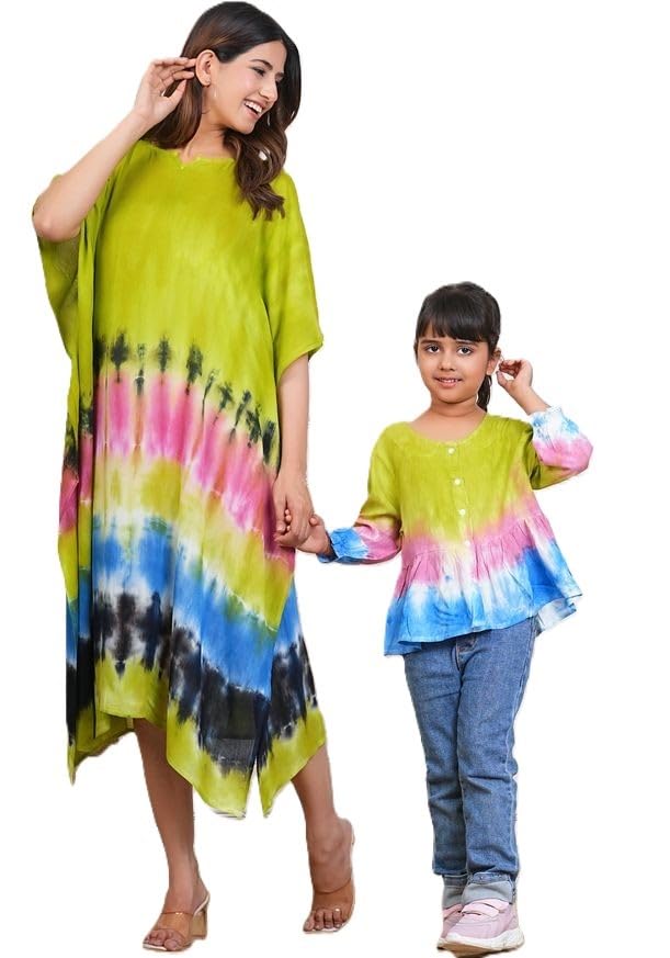 Women & Girls Mother Daughter Matching Kaftan Combo || Crepe Rayon Tie-Dyed Kaftan || Casual Wear || Family Twinning Outfit