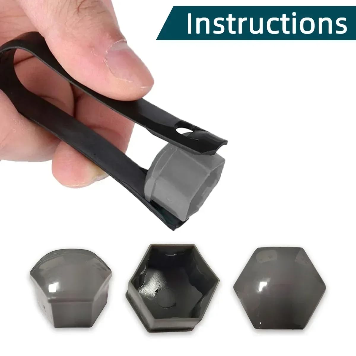 Hand holding the removal tool with a wheel nut cover, alongside examples of the covers.