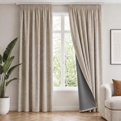 Deconovo 100% Blackout Abdunkelnde Vorhänge mit Kräuselband Sandbeige | 2er Set, H 245 x B 140 cm, Blickdichte Gardinen, Leinenstruktur, Kälteschutz, geeignet für Wohnzimmer und Sc