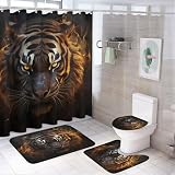 FOCCAFB 4 Piece Cool Flame Tiger Shower Curtain Set with Rugs, Include Fantasy Mystery Animal Bathroom Non-Slip Floor Mat, U-Shaped Bath Rug and Toilet Cover Lid with 12 Hooks
