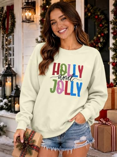 Christmas Sweatshirts for Women Holly and Jolly Embroidered Pullover Tops - image 6
