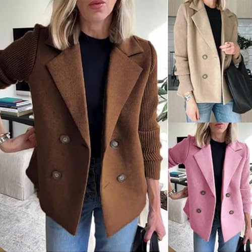Women's Lapel Button Knitted Patchwork Sleeve Casual Coat Cropped Sweater Blazer Women Knit Blazer2