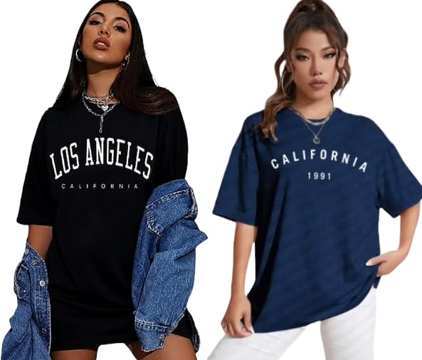 Image of DIAZ Women's Cottonblend Half Sleeve Oversized Drop Shoulder T-Shirt-Pack of 2