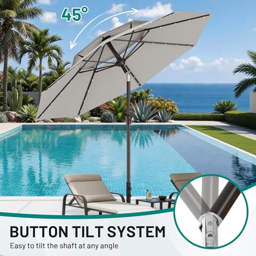 Image of AreShark 9ft 2 Tiers Patio Umbrella with Solar Lights, Outdoor Umbrella w / 32 LED Lights&8 Sturdy Ribs, Table Umbrella for Deck, Backyard, Pool(Light Gray)