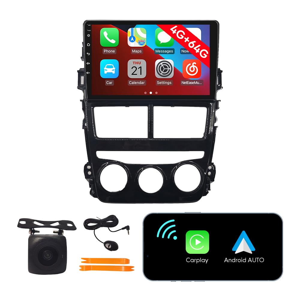 [4G 64G] Android Car Stereo FM Radio Carplay Android Auto 9" Touchscreen Headunit Media Player with Backup Camera for Toyota Vios/Yaris L 2018 2019 2020 2021 RHD MT