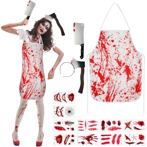 Beipegin Déguisement Boucher Tablier Boucher Sanglante Couteau Cicatrices Tatouages Serre Tete Halloween Déguisement Zombie Costume Halloween Homme Femme
