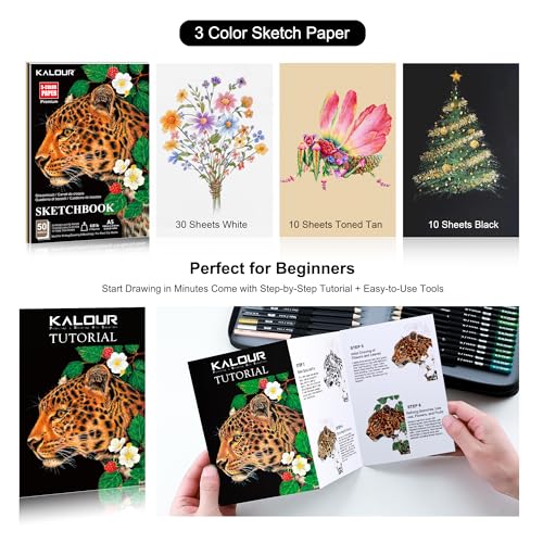Image of KALOUR Professional Colouring Pencils Set, 120 Colours, Art Supplies with Sketchbook and Accessories, Zipper Pocket