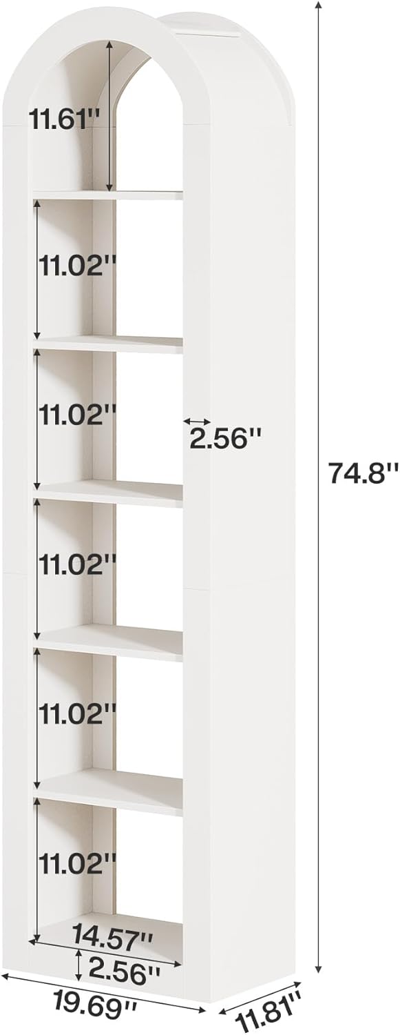 Tribesigns 74.8" Tall Arched Bookshelf, 6-Tier Narrow Open Bookcase, Floor Standing Corner Display Shelves Storage Organizer for Small Space, Home Office, Living Room (Warm White, 2 PCS)