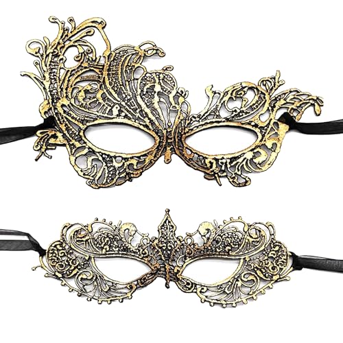 MZinge 2 Pcs Luxury Venetian Carnival Masks - Sexy Lace Half-Face Masks for Women's Masquerade Ball Fancy Dress (GOLD)