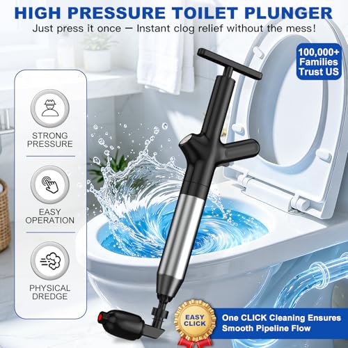 Image of High Pressure Toilet Plunger, Heavy Duty Plunger for Bathroom, Dark Black | Toilet Unclogger Tool for Drain Clog, Heavy Duty Toilet Plunger with Pressure Gauge, 4 Heads for Bathroom, Sink, Shower