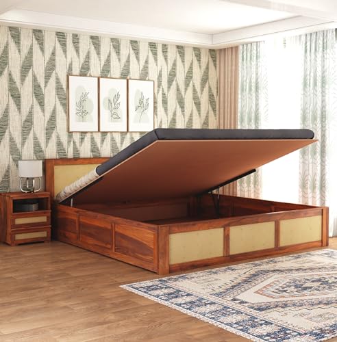 Image of Solid Sheesham Wood Queen Size Bed with Hydraulic Storage Wooden Double Bed Cot Palang Furniture for Bedroom Living Room Home Furniture (Honey Finish) | 1 Year Warranty