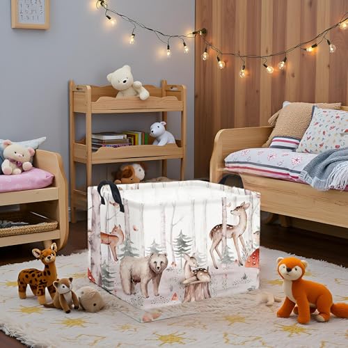 Image of Rectangular Woodland Animal Basket Kids Baby Storage Basket Cute Storage Bin Organizer Shelf Book Woodland Room Decor(Woodland Animal)