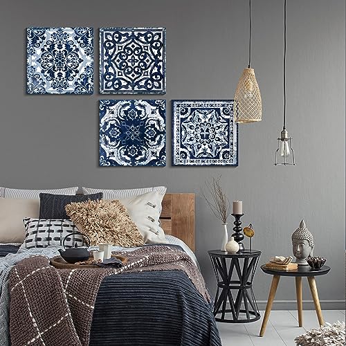 Bedroom Decor Canvas Wall Art Flower Pattern Prints Bathroom Abstract Pictures Modern Navy Framed Wall Decor Artwork For Walls Hang For Bedroom 4 Pieces Wall Decoration Size 14X14 Each Panel #TOP2