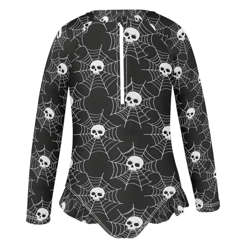 ALAZA Sugar Skull Web Halloween Girls One Piece Swimsuit Long Sleeve Rash Guard Swimsuits UV 50+ Swimwear Zipper2