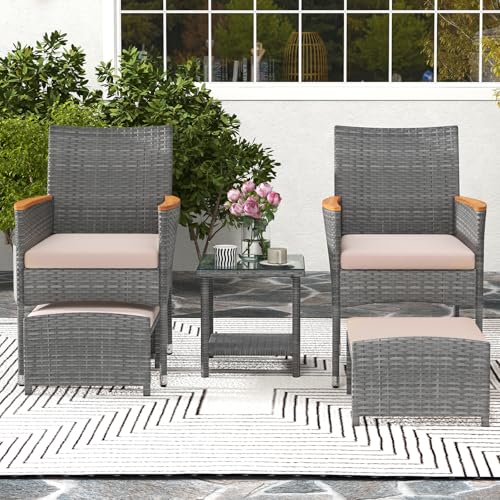 RELAX4LIFE 5-Piece Patio Furniture Set - Wicker Rattan Outdoor Bistro Conversation Set for 2 w/Ottomans & 2-Tier Glass Coffee Table, Patio Chairs w/Cushions, Acacia Wood Armrests for Porch Balcony - Image 3