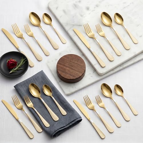 Image of Aurum Gold Silverware Set | Satin Finish 20-Piece Flatware Set with Unique Checks Printed Handle | Dishwasher Safe Stainless Steel Cutlery for Home, Restaurant & Gifting