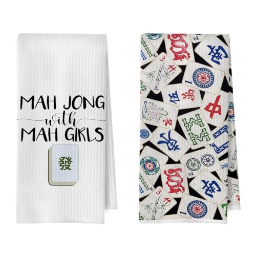 BlissfulAbon Mahjong Gifts Kitchen Towels Set - Mahjong Gifts for Women Decorative Waffle Dish Towels, Hand Towel, Tea Towel, 16x24 Inch Set of 2