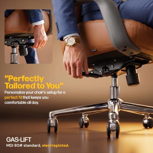 Image of DROGO Levante Ergonomic Office Chair for Work from Home with Bionic Curve Design | High Back Executive Boss Chair, Double Padded Armrest, Genuine Vegan Leather, Heavy Metal Base, 145 Recline (Tan)