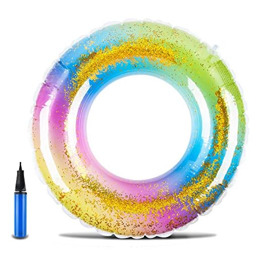 Gorse Transparent Inflatable Tube Swim Tube Glitter Swim Ring Raft Durable Round Summer Pool Float Inflatable Swim Inner Tube for Adults Summer Swim Pool Thicken (Multicoloured 35.4)