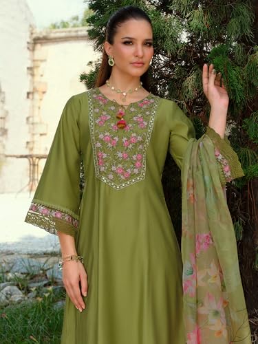 Image of INDO ERA Women's A-Line Cotton Blend Floral Embroidered Kurta & Pant With Dupatta Set (IEOUT11375)