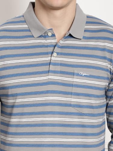 Image of Men's Cotton Full-Sleeve Polo Collar Striped T-Shirt