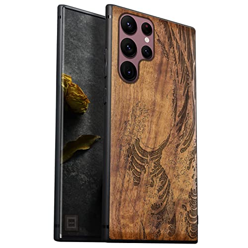 Carveit Funda de Compatible con Galaxy S22 Ultra Carcasa [Madera y Silicona Híbrido Funda] Absorción de Impacto para Samsung S22 Ultra Única estético Carcasa (Nogal-La Gran Ola de Kanagawa) Cover