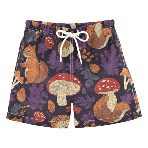 Boys Quick Dry Swim Trunks with Pockets Squirrels and Mushrooms Leaf Beach Shorts for Kids, Toddler Swimsuit Boy