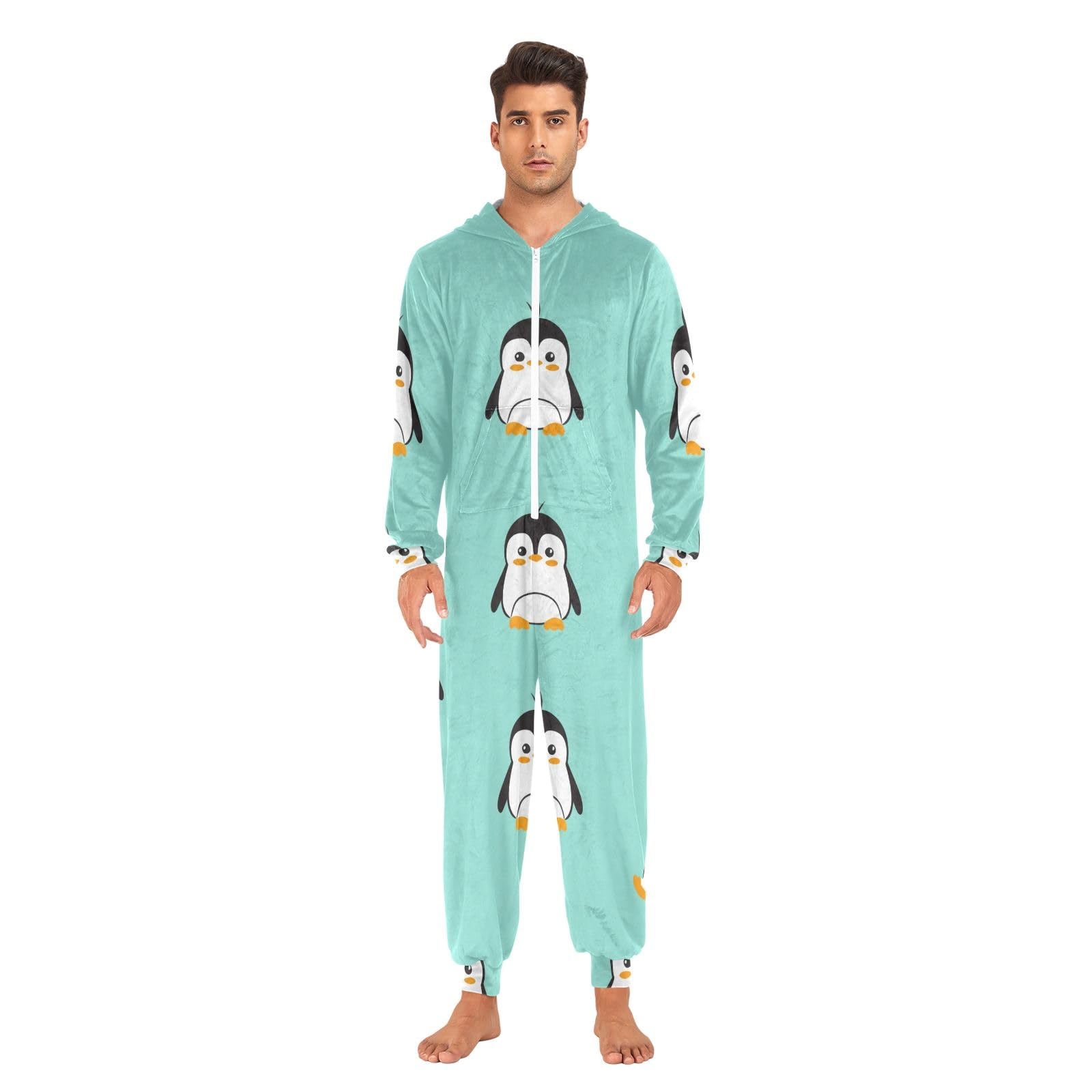 Pigiama intero natalizio con pinguino carino verde adulto tuta con cappuccio cerniera tuta in pile loungewear per donne uomini