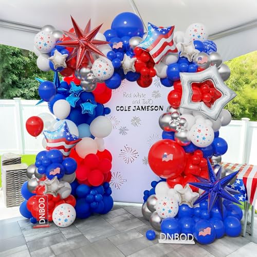 Image of 147Pcs Red White and Blue Independence Day Balloon Garland Arch Kit,with Explosion Star,Flag Foil Balloons for 4th of July Patriotic Memorial Veterans Baseball Nautical Birthday Party Decorations