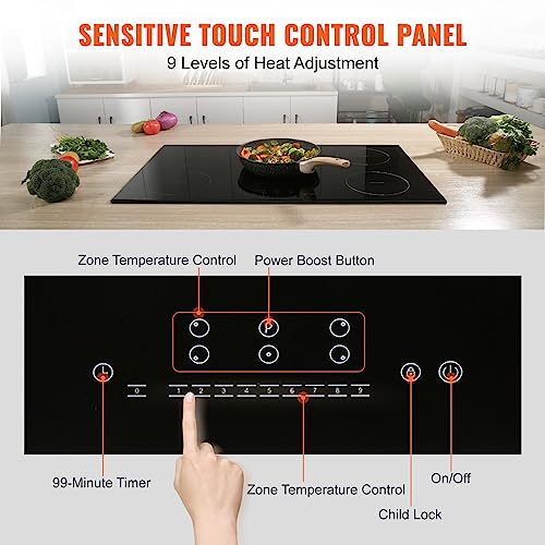 Image of VEVOR Electric Cooktop, 36 inch 5 Burners Induction Stove Top, 9200W Built-in Magnetic Cooktop, 9 Heating Level Multifunctional Burner, LED Touch Screen w /Child Lock & Over-Temperature Guard