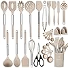 NCUE Cooking Utensils Set, 28 Pcs Silicone Kitchen Utensils Set with Holder, Silicone Whisk, Spatulas, Scissors, Measuring Cups and Spoons Set with Stainless Steel Handle Kitchen Gadgets (Khaki)