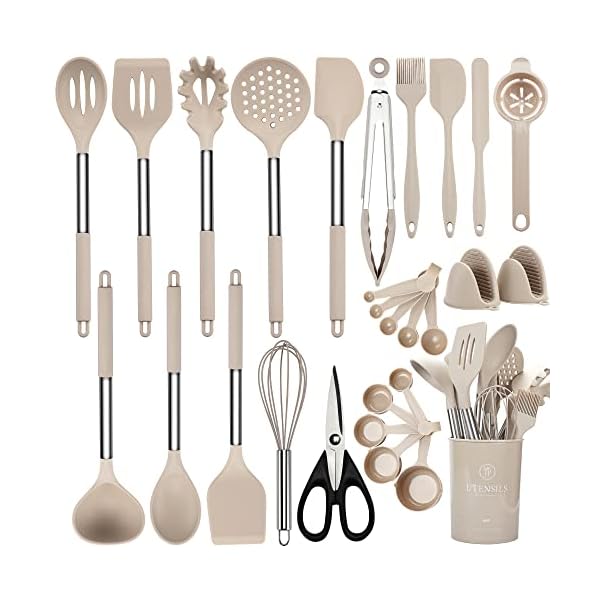 NCUE Cooking Utensils Set, 28 Pcs Silicone Kitchen Utensils Set with Holder, Silicone Whisk, Spatulas, Scissors, Measuring Cups and Spoons Set with Stainless Steel Handle Kitchen Gadgets (Khaki)