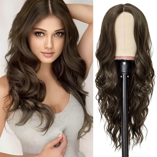 BECUS 24 Inch Long Brown Wigs for Women Middle Parted Wavy Natural Synthetic Curly Hair Wig