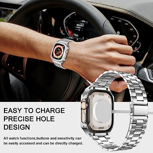 Image of BAITEYOU Stainless Steel Watch Band with Case Compatible with Apple Watch Ultra 3 2 1 band (49mm), Rugged Strap with Metal Protective Bumper Cover for iWatch Bands Men (Silver)