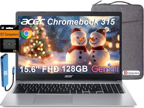 Image of acer Chromebook 315 Laptop (15.6 inch FHD, Intel Celeron N4500, 4GB RAM, 128GB Storage (64GB eMMC + 64GB SD Card) Home & Student, Long Battery Life, Numeric KB, Webcam, Wi-Fi, IST HUB, Chrome OS, Silver