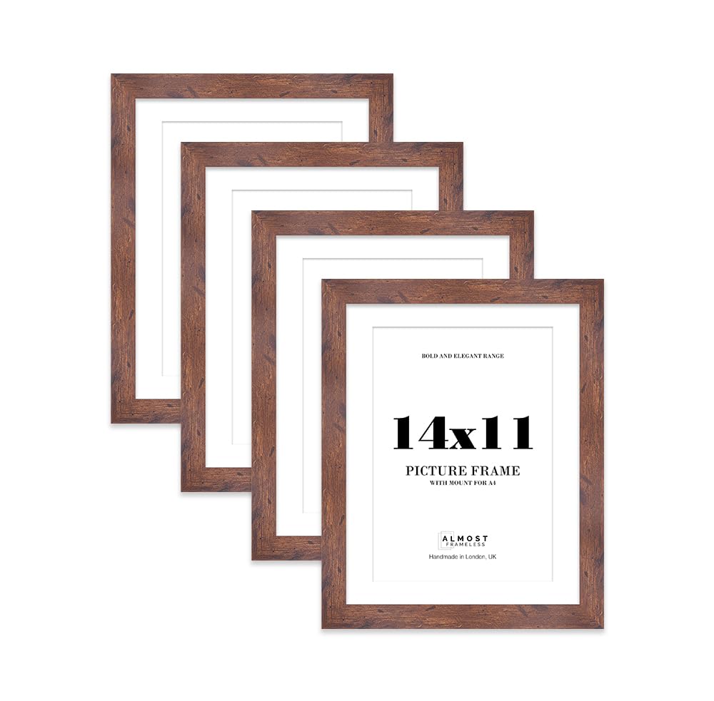 14x11 Rustic Wood Frame With Mount for A4 Pictures 28mm Edge Portrait and Landscape Display with Wall Hooks and Kickstand, 4 Pack