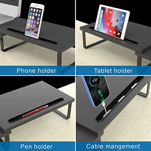 Dual Monitor Stand Riser, Adjustable Length and Angle, AQQEF Computer Monitor Shelf with USB3.0 and Slot for Tablet and Cellphone, Wooden Desktop Oraganizer Stand for 2 Monitors,Computer,Laptop,Printer,TV (Wood)