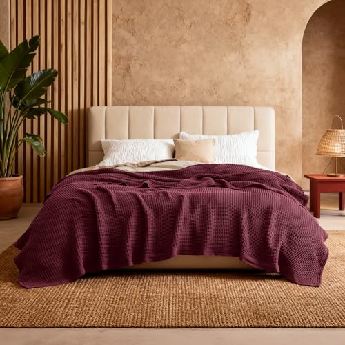 Image of Bedsure 100% Cotton Blanket King Size for Bed - Breathable and Soft for Summer, Thick Cozy Waffle Weave Blanket Gifts for Women, Burgundy, 104x90 inches
