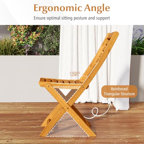 Image of Tangkula 3 Pieces Acacia Wood Patio Folding Bistro Set, Outdoor Table and Chairs Set with Soft Cushions, Patio Furniture Set for Porch, Balcony, Garden, Deck and Backyard